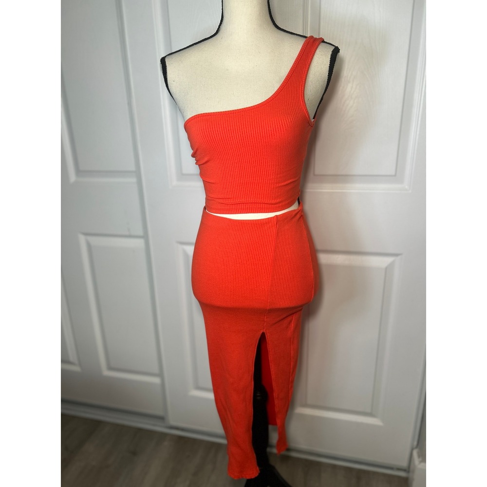 Lulus Orange Ribbed One-Shoulder Two-Piece Midi Dress Skirt‎ Set XS